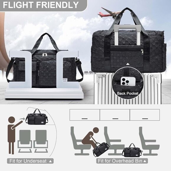 Women Black Checkered Small Gym Carry On Weekender Travel Shoe Compartment Bag - Picture 4 of 7